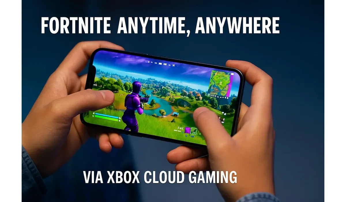 Xbox Cloud Gaming Fortnite on a smartphone using Xbox Cloud Gaming, showcasing mobile gaming flexibility.