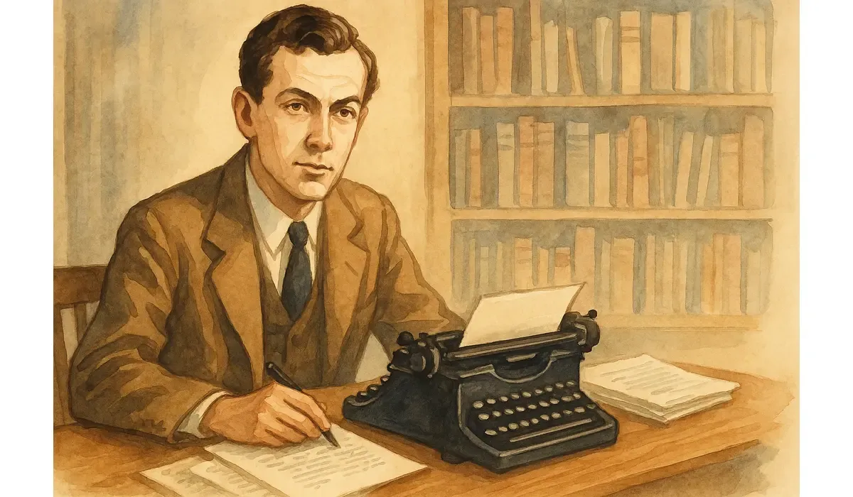 Watercolor portrait of young Graham Greene at desk with typewriter and papers, symbolizing his early literary career.