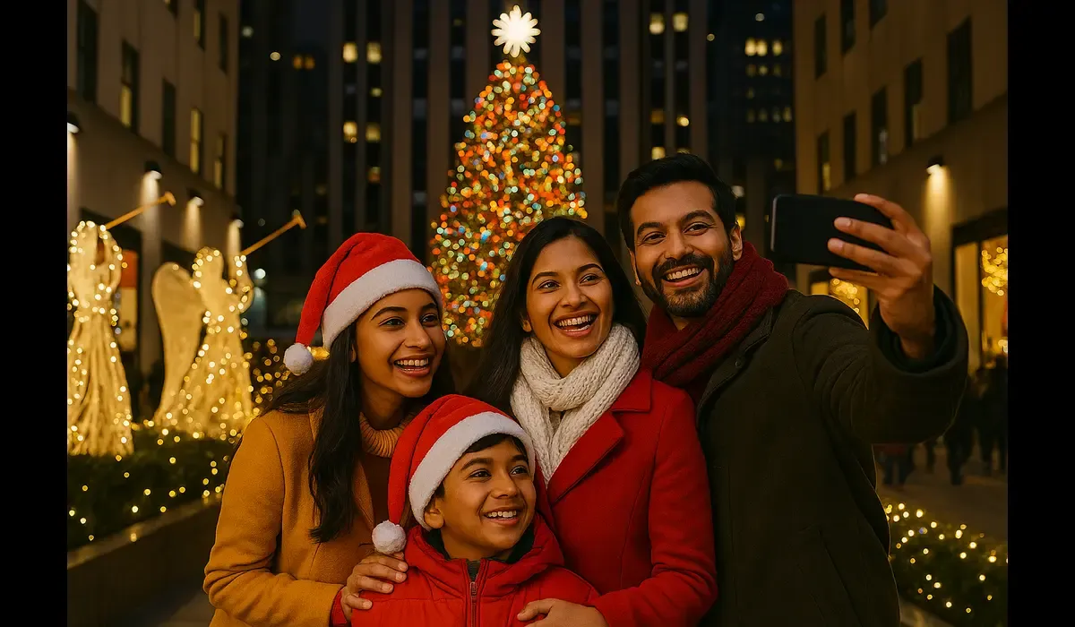 Affordable Christmas vacation packages in USA — Indian family celebrating near Rockefeller Center.