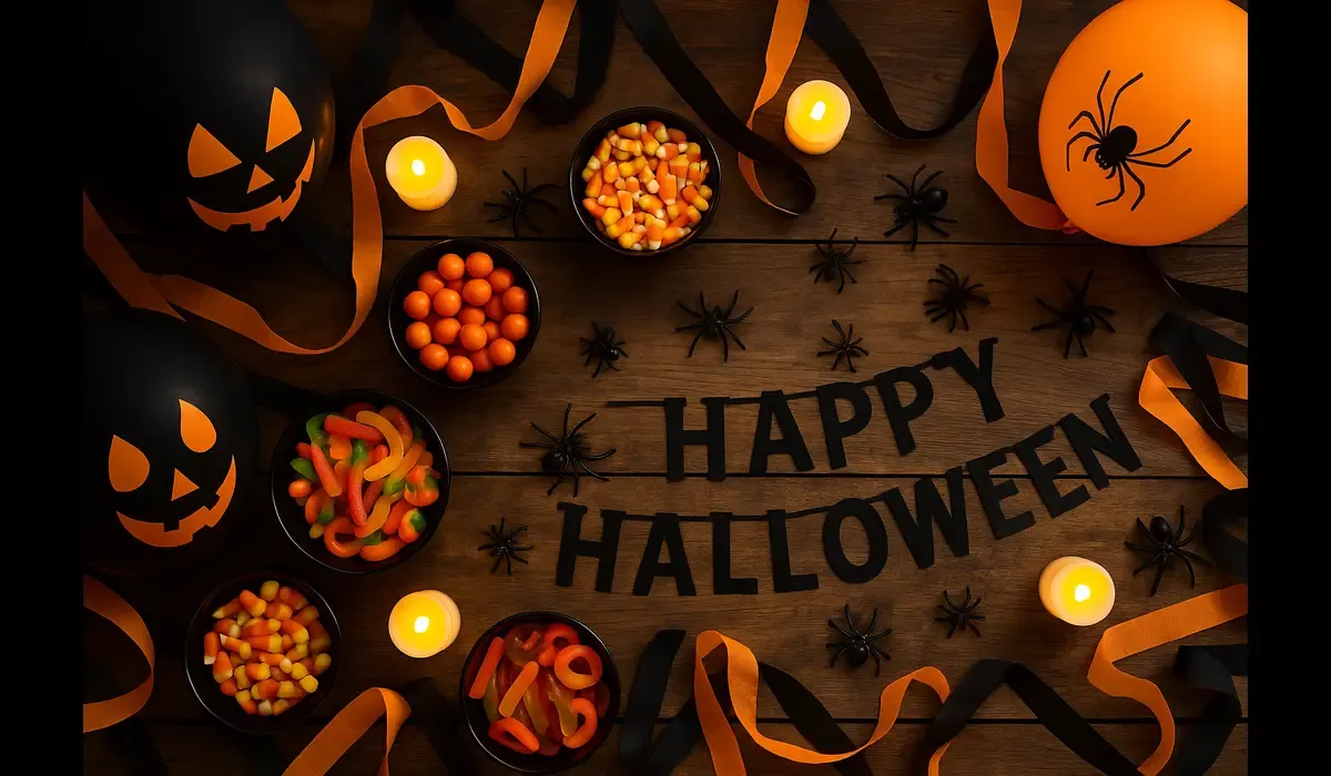 Affordable Halloween party supplies with spooky décor and candy table.