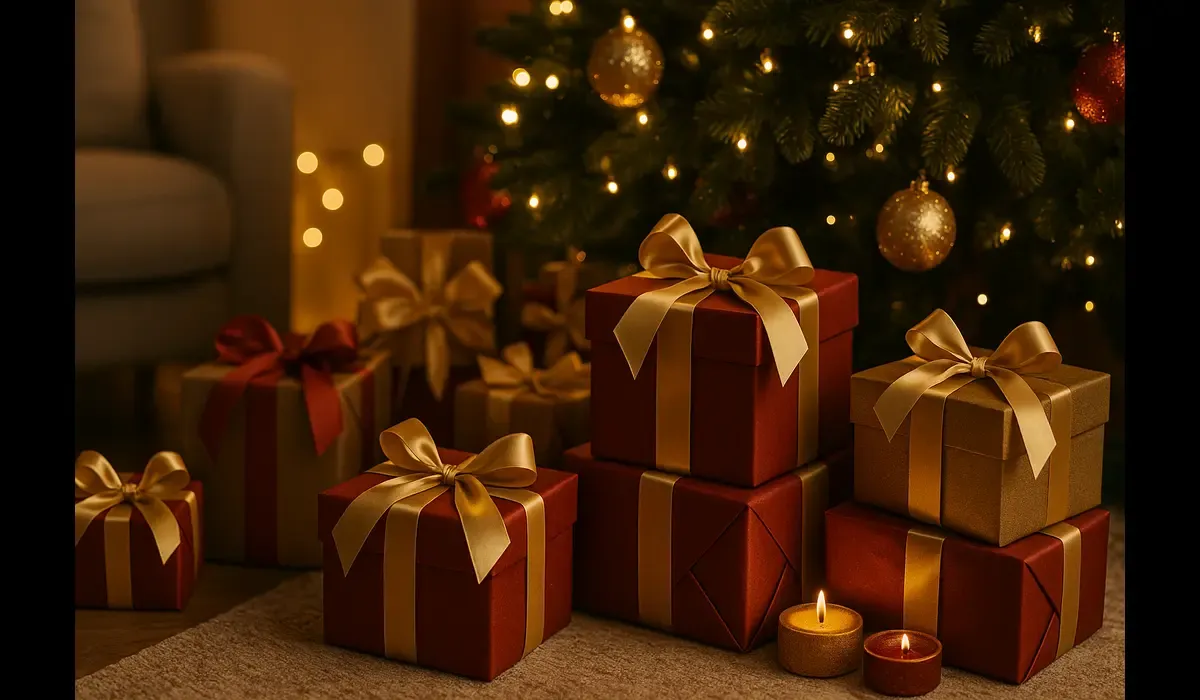 Christmas gift ideas in USA under $50 that look expensive with beautifully wrapped boxes under a tree.