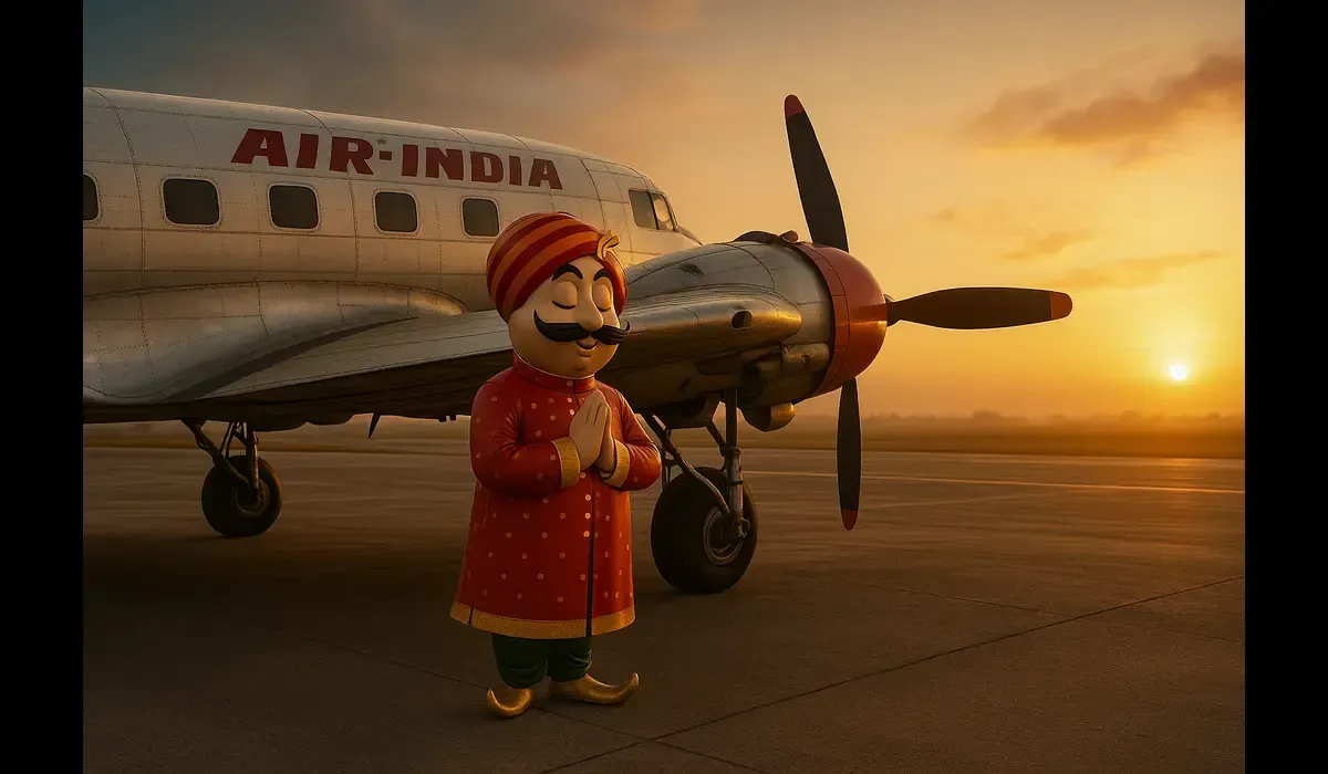 Air India Maharaja mascot beside vintage aircraft at sunrise.