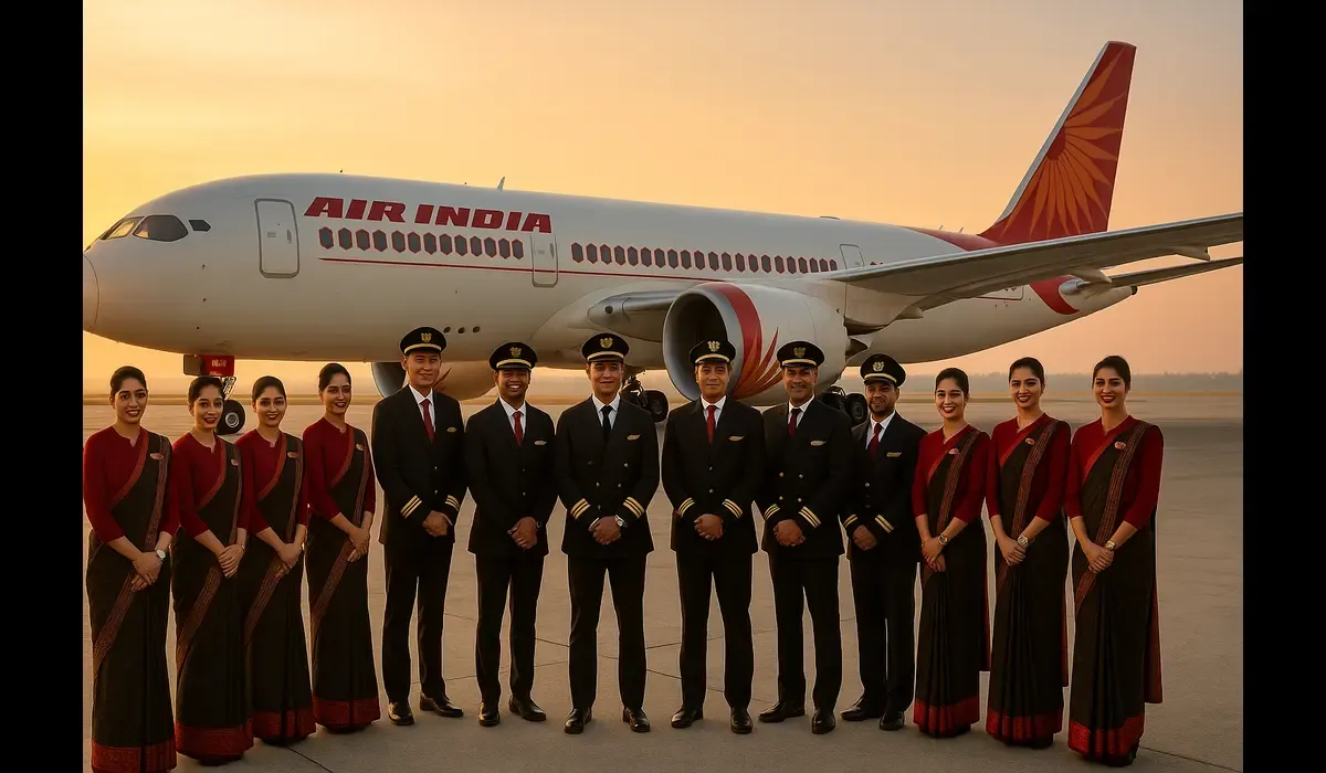 Air India’s new uniforms showcased by cabin crew and pilots on runway.