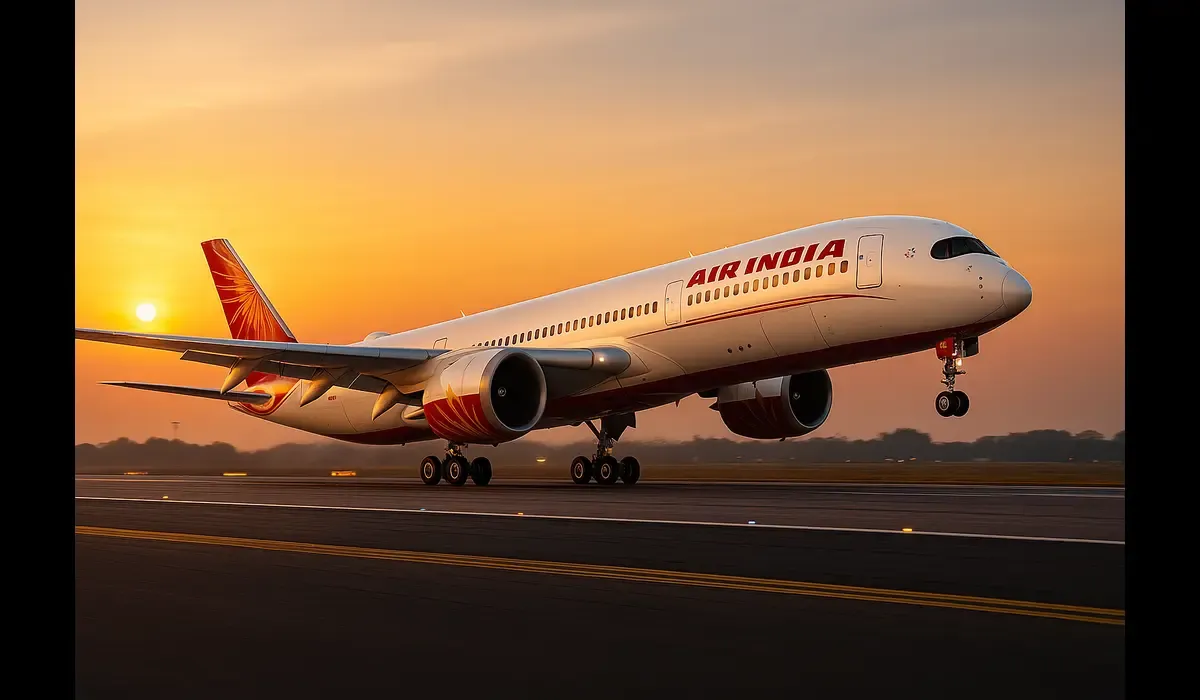 Air India Transformation 2025 featuring a modern Air India A350 aircraft taking off at sunrise.