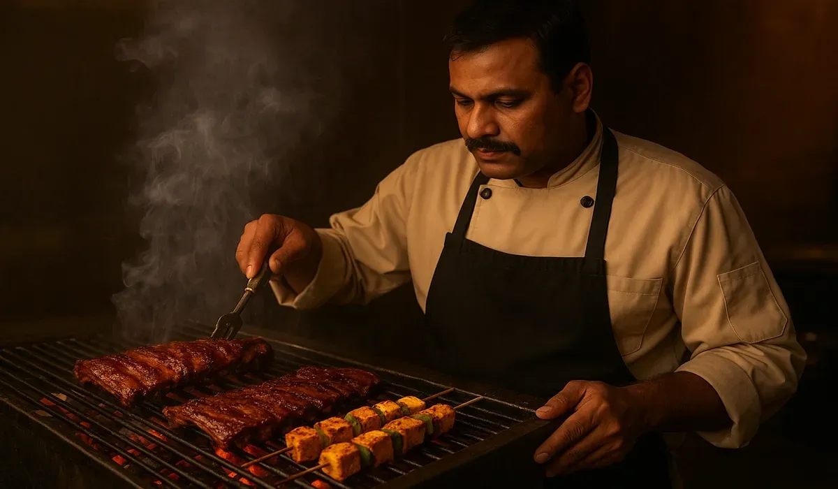 Indian chef showcasing American BBQ culture fusion dishes on the grill.