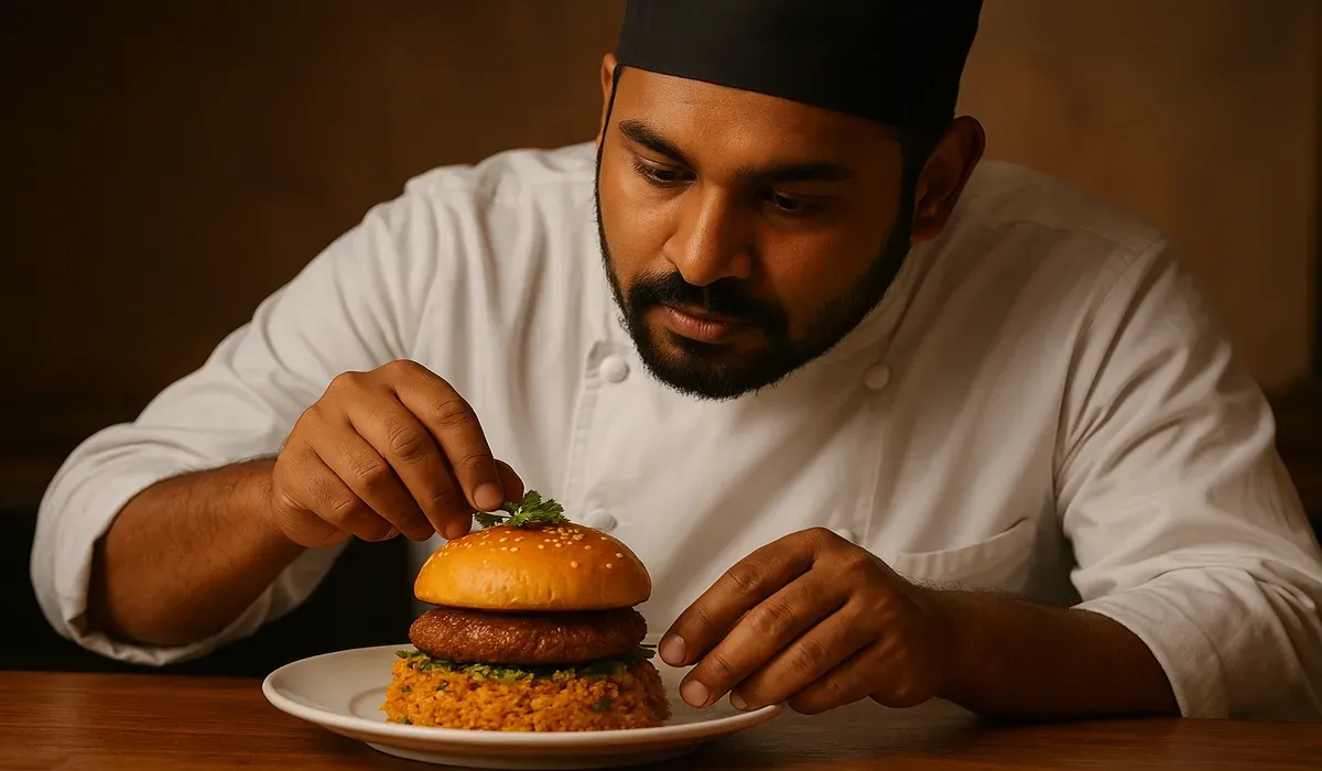American comfort food fusion burger plated by Indian chef.