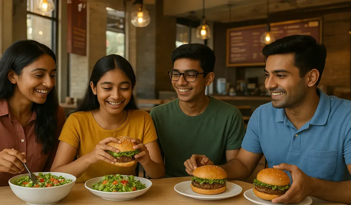 Young Indians enjoying American fast casual dining in India restaurant.