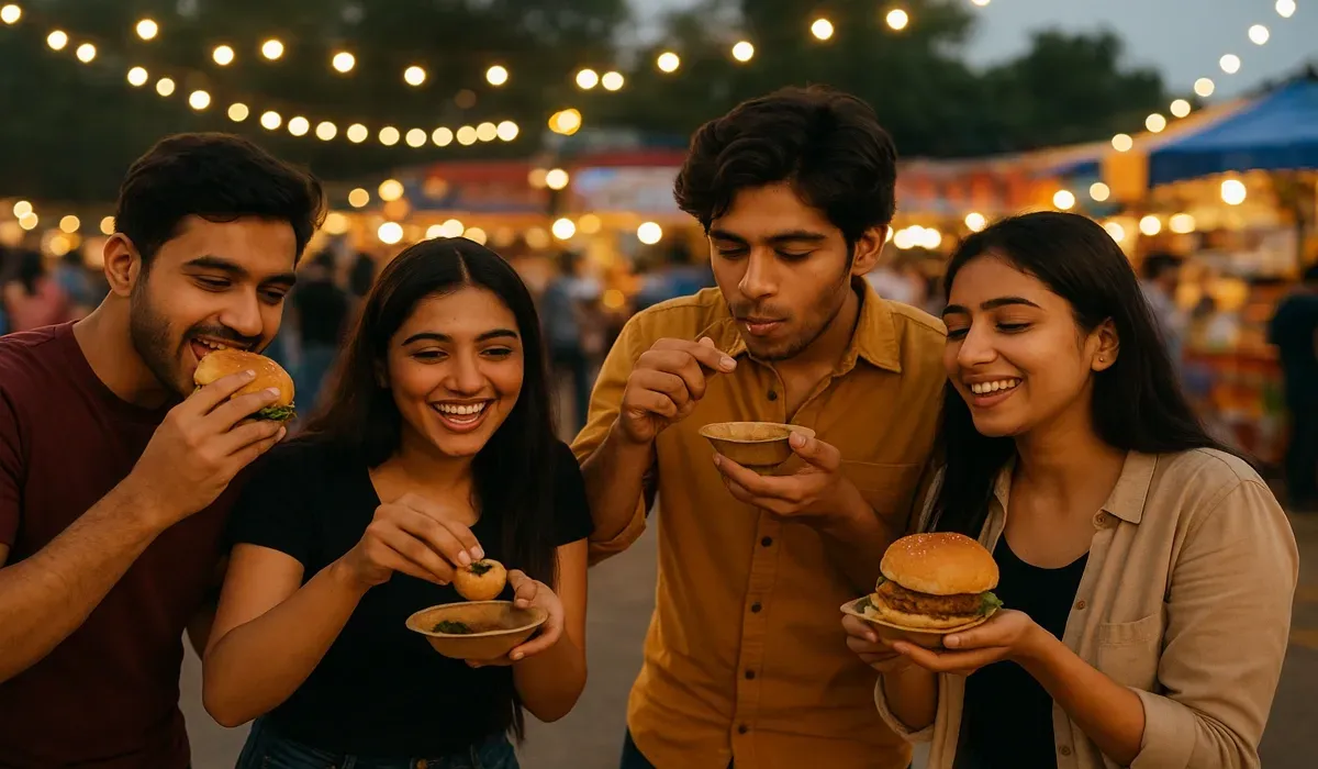 Indian millennials enjoying American fast food vs Indian street food fusion dishes.