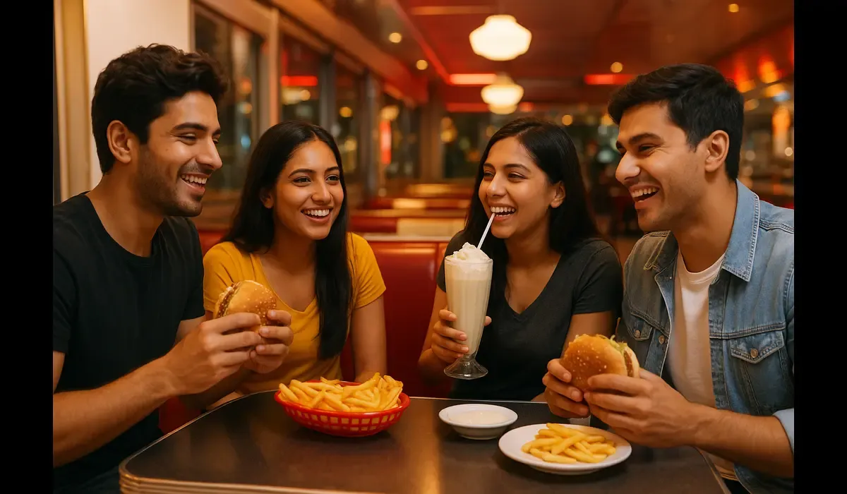 Indian millennials enjoying American food culture at a diner.