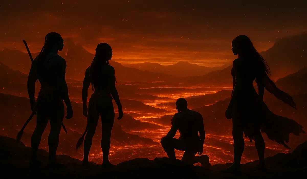 Avatar Fire and Ash cast and crew main trio on volcanic cliffs with glowing magma.