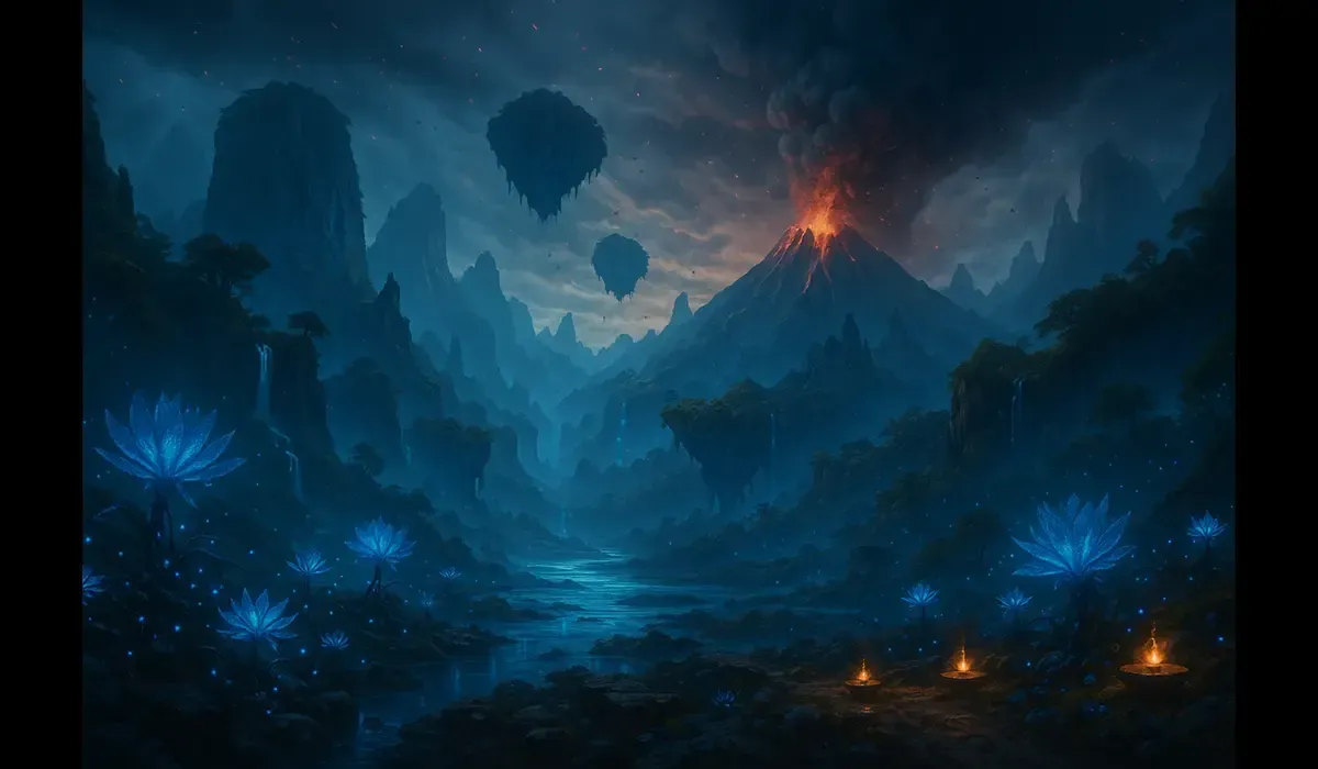 Avatar: Fire and Ash movie budget and box office predictions in India with volcanic alien landscapes and floating mountains.