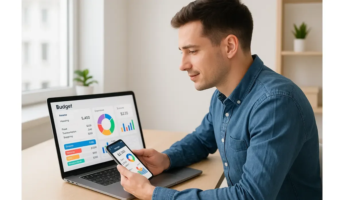 Hero image of best budgeting apps in 2025 showing dashboards on laptop and phone.