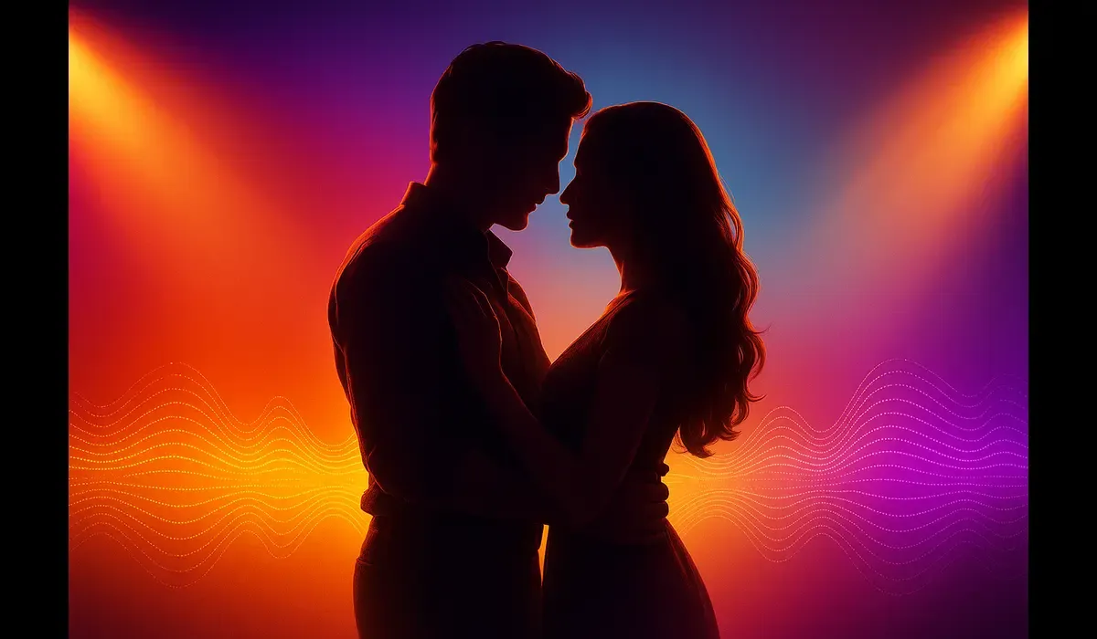 Bollywood cinematic poster background with abstract couple silhouettes, vibrant lights, and music-themed graphics.