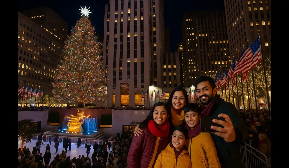 Christmas in New York USA with Indian family enjoying Rockefeller Center lights.