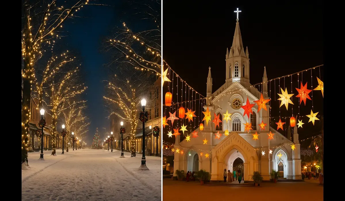 Christmas in USA vs India — visual contrast of snowy streets and colorful Indian churches.