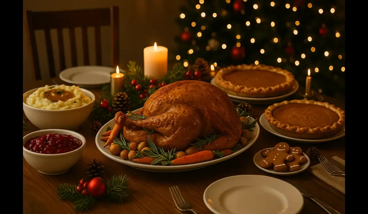 Traditional Christmas dinner featuring roast turkey, mashed potatoes, and cranberry sauce – authentic Christmas food in USA.