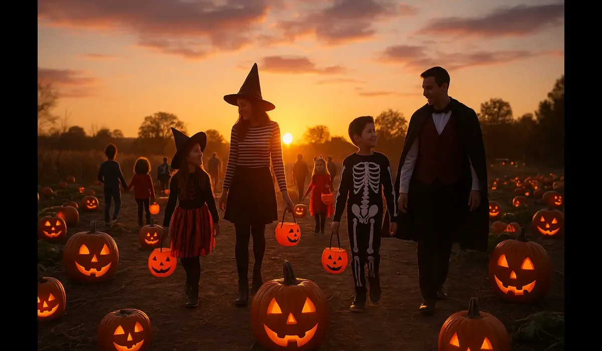 Family-friendly Halloween activities in the U.S. pumpkin patch at sunset.