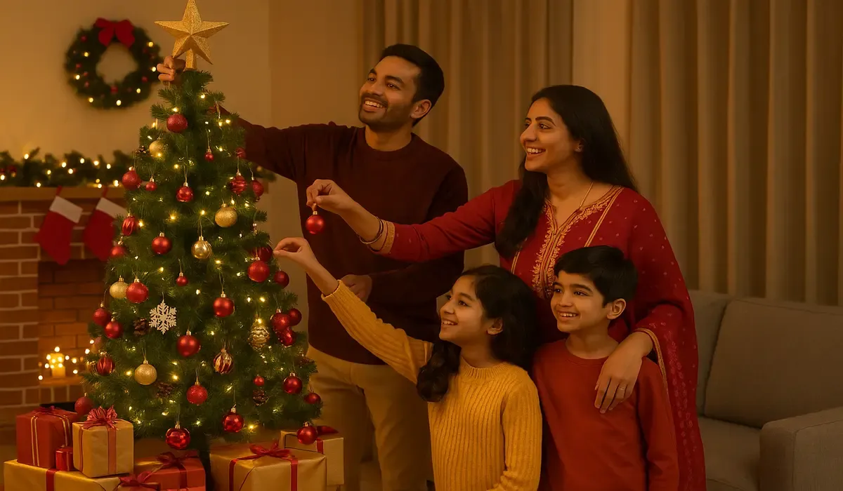 Indian families living in USA celebrate Christmas by decorating a festive tree together.