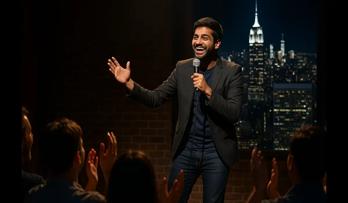Indian stand-up comedians in USA performing live on stage.