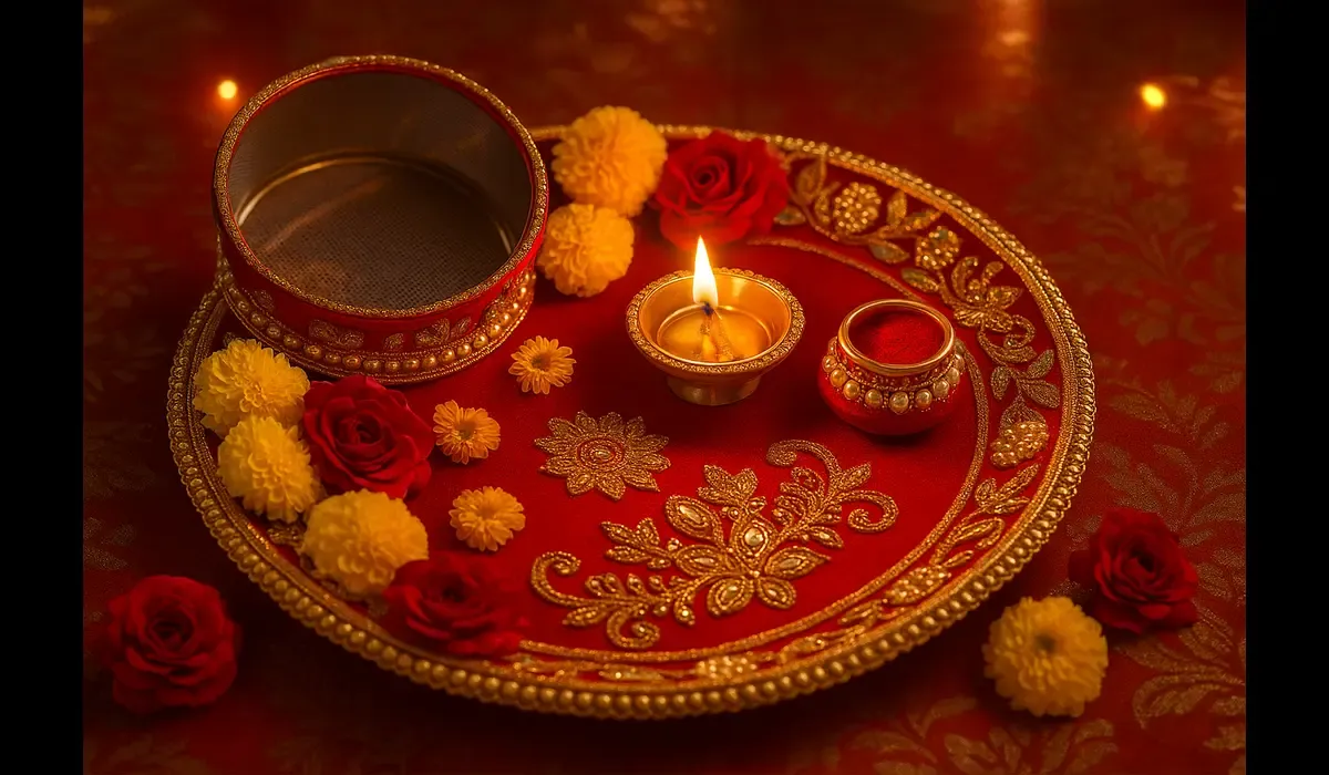 Karwa Chauth thali decoration ideas 2025 with diya, flowers, and festive setup.