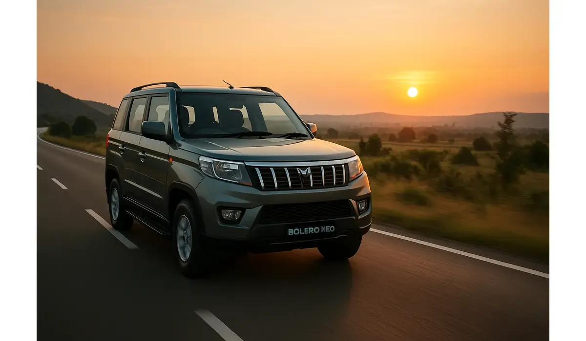Mahindra Bolero Neo driving on a scenic highway with sunset in background, realistic automotive photography.