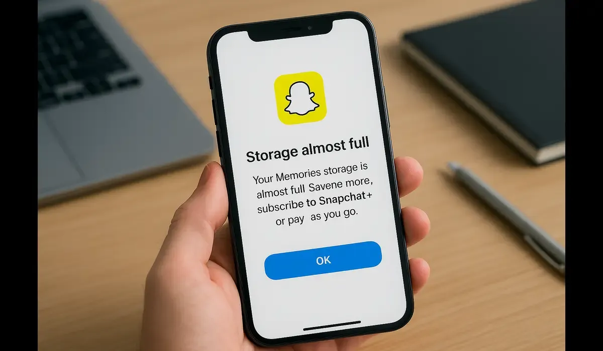 Snapchat charging for memories 2025 — storage alert on smartphone screen.