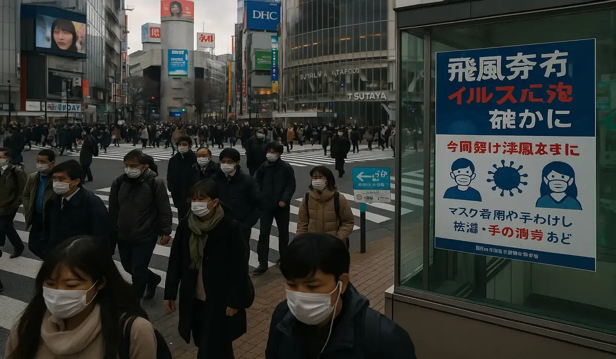 number of flu cases reported in japan this week Shibuya crossing masks