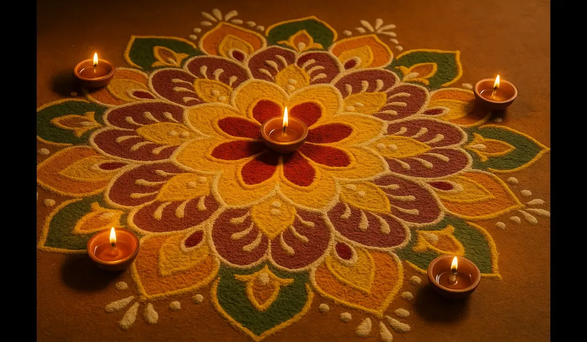 Yellow turmeric and marigold powder used in organic Rangoli colors for Diwali.
