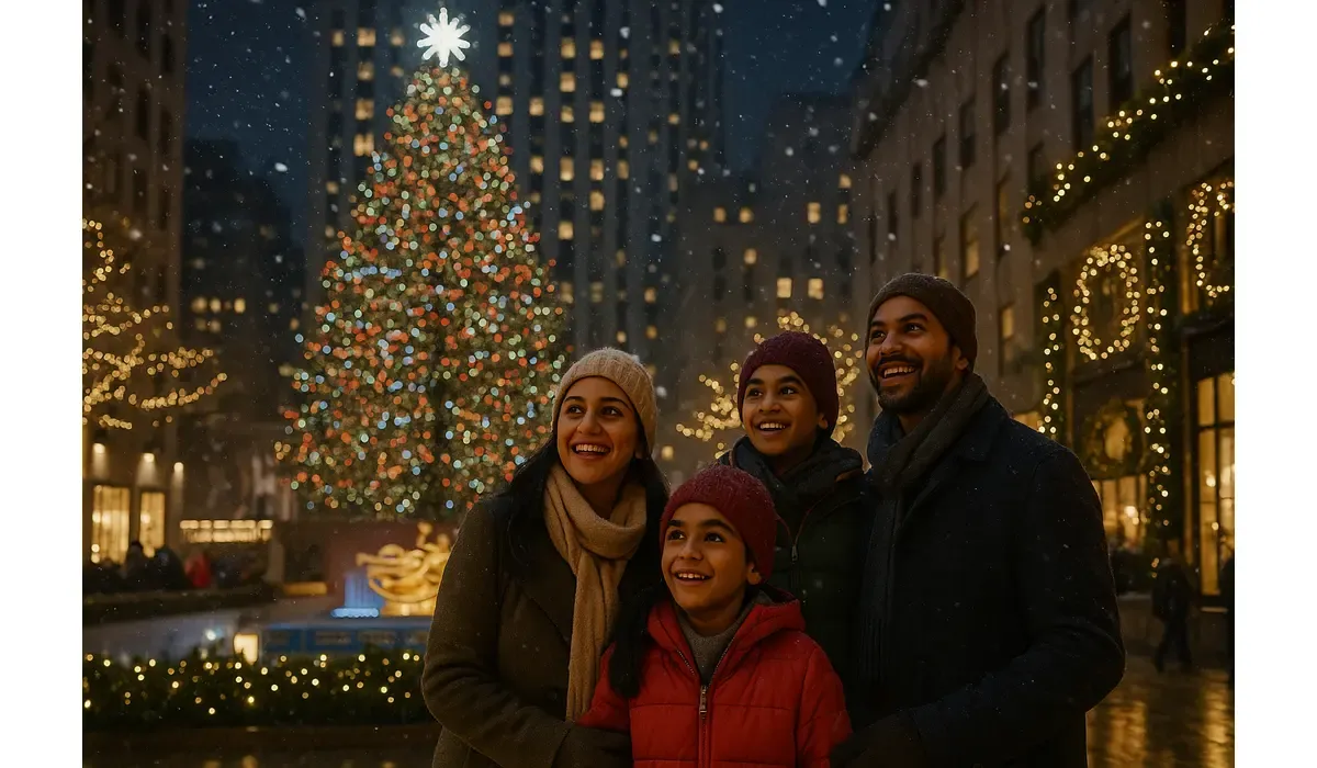 Indian travelers at Rockefeller Center Christmas lights in New York City – U.S. cities Indians must visit.