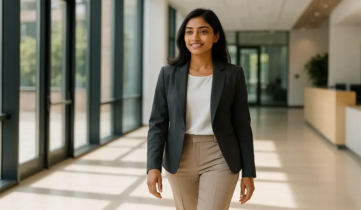 showing workwear fashion for Indian women in a modern office lobby.