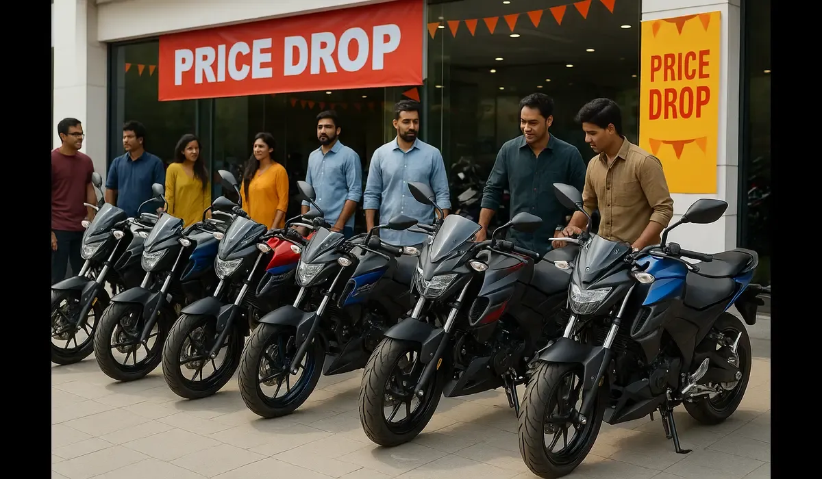 Yamaha motorcycle GST rate reduction India — dealership view with price drop signage.