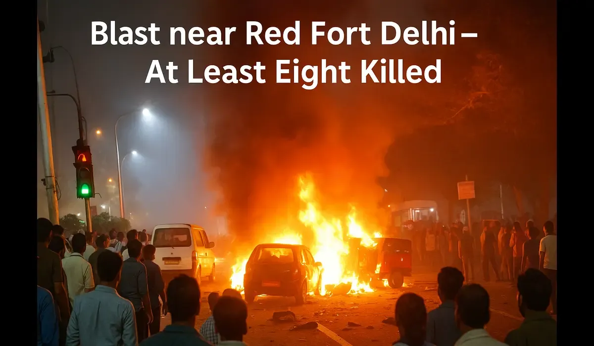 A burning vehicle and scattered debris following the blast near Red Fort Delhi, captured during emergency response activity.