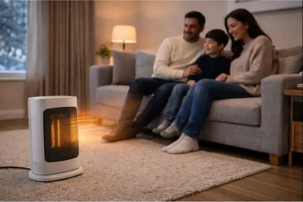                               Energy-saving ceramic heater warming a living room during winter