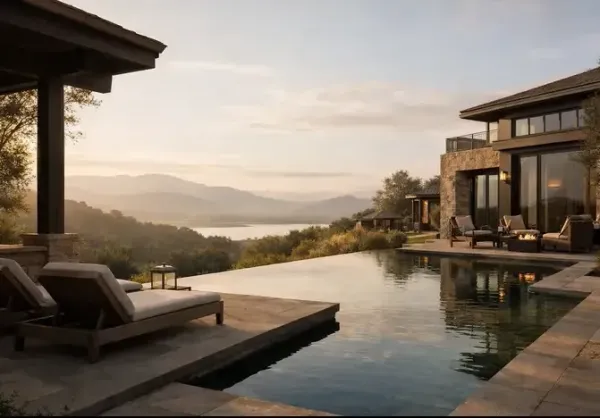 A quiet luxury hotel setting in the USA designed for couples, showing a private, spacious environment focused on comfort and privacy rather than crowds.