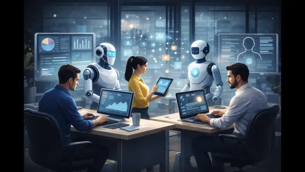 An illustration showing people working alongside artificial intelligence tools, representing how AI is changing daily job tasks rather than replacing entire roles.