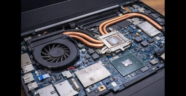 An open laptop showing internal cooling components such as the fan, heat pipes, and processor, illustrating how overheating occurs when heat is not removed efficiently.