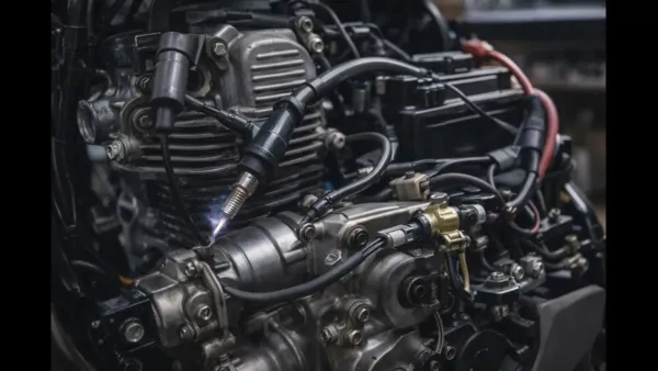 A motorcycle engine being cranked with ignition and fuel components visible, showing a condition where the engine turns but does not start due to a combustion-related fault.