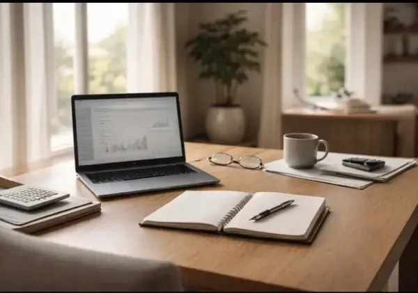 A calm home setting in the United States showing a thoughtful moment of financial planning, focused on evaluating money habits rather than spending or wealth.