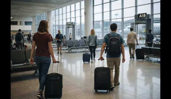 Travelers moving through an airport terminal with carry-on luggage, representing everyday budget air travel and simple flight experiences.