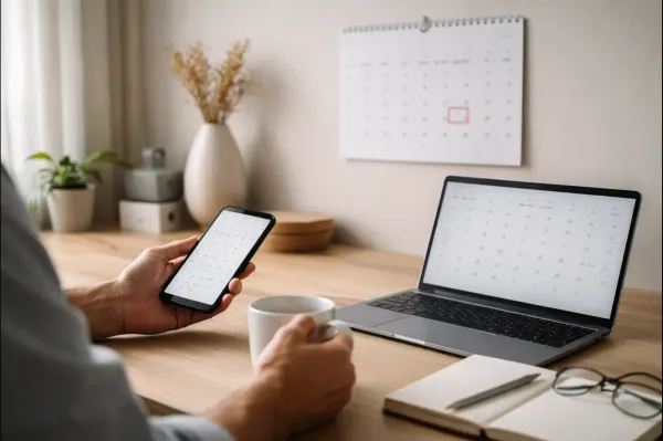 Person looking at a calendar and smartphone at home to check what holiday is today