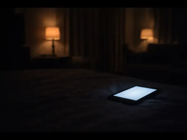 A softly lit room at night with a glowing screen standing out against dim surroundings, illustrating how light contrast in the evening can influence the body’s internal sleep timing system.