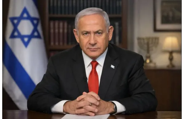 Israeli Prime Minister Benjamin Netanyahu delivering a televised address on national security.