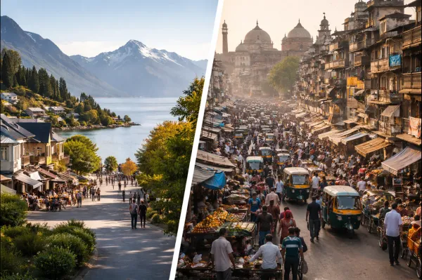 Contrasting environments representing New Zealand’s smaller, structured systems and India’s large-scale, complex society.