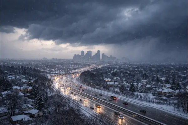Vehicles driving slowly on a road during snowfall, showing reduced visibility and winter travel conditions.