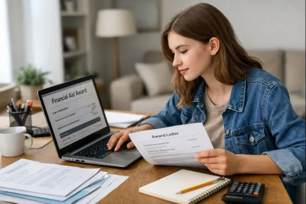 College student reviewing a federal student loan offer and financial aid details on a laptop.