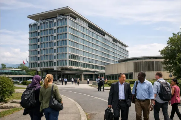 The headquarters of the World Health Organization in Geneva, showing the central institution responsible for coordinating international public health efforts.