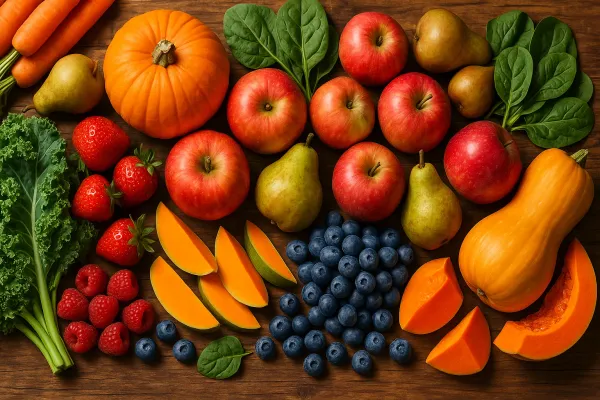 The health benefits of eating seasonal foods with fresh pumpkins, apples, leafy greens, and berries