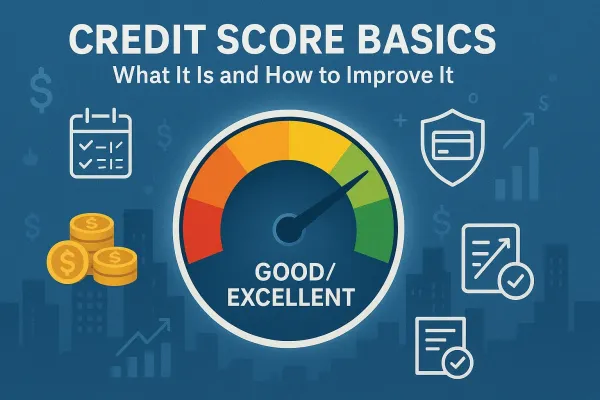 Credit Score Basics infographic showing credit score meter from poor to excellent with financial icons