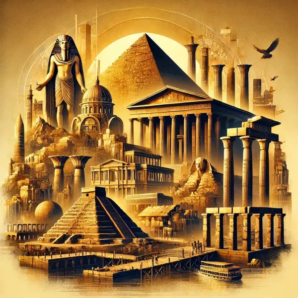 A representation of ancient civilizations, showcasing iconic structures like pyramids, temples, and ruins, symbolizing the ri