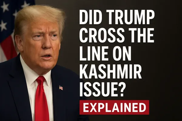 Donald Trump addressing media with headline questioning his stance on the Kashmir issue